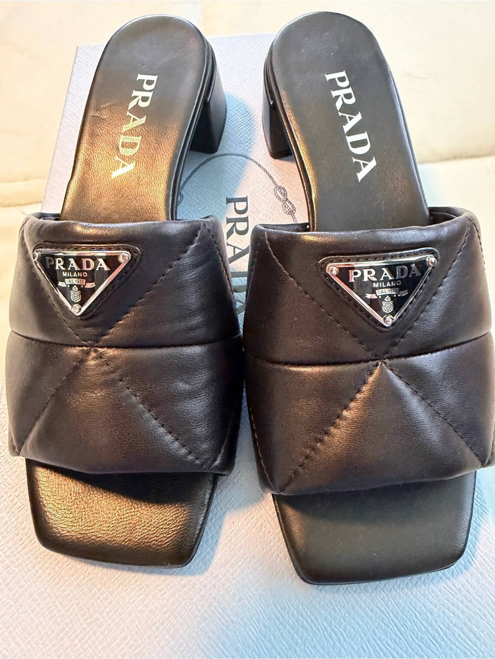 Prada Black Quilted Leather Slide Mules with Logo Triangle - Picture 2 of 6